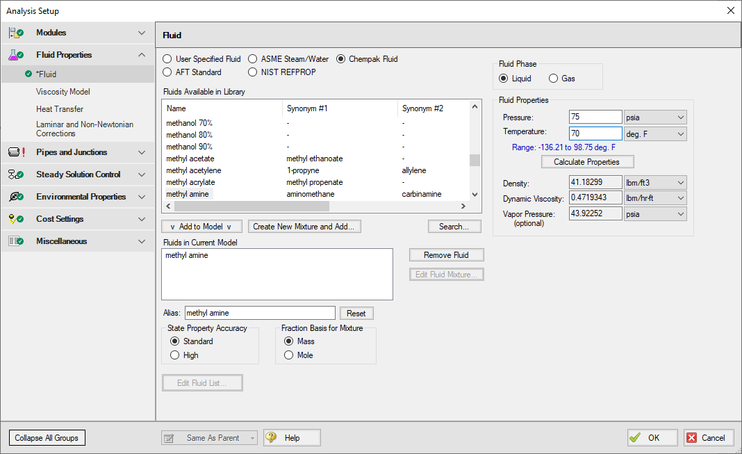 The Fluid panel in Analysis Setup with the Chempak Fluid database selected